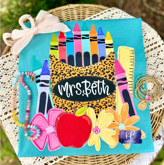 Custom Leopard Crayon Teacher Tee